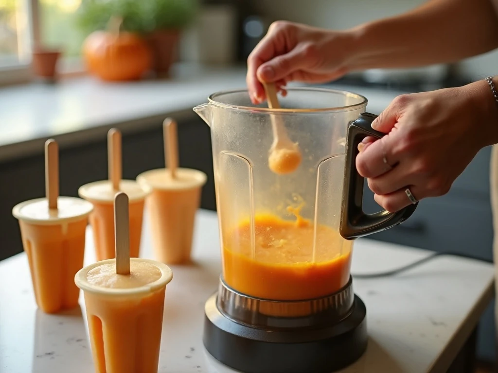 Smooth pumpkin yogurt mixture ready for popsicle molds