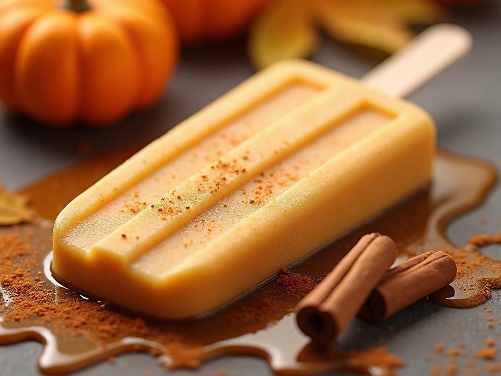 Close-up of creamy pumpkin yogurt popsicle with pumpkin spice