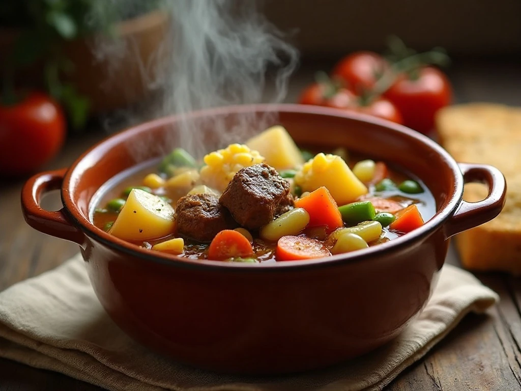 Hearty crockpot vegetable beef soup served in a rustic bowl