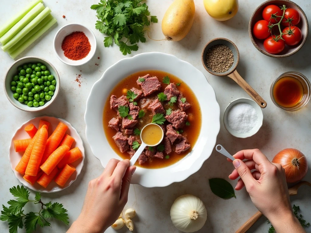 Ingredients for crockpot vegetable beef soup arranged on a counter