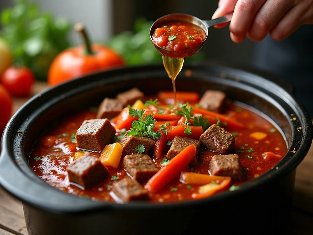 Beef and vegetables being prepared for slow cooker soup