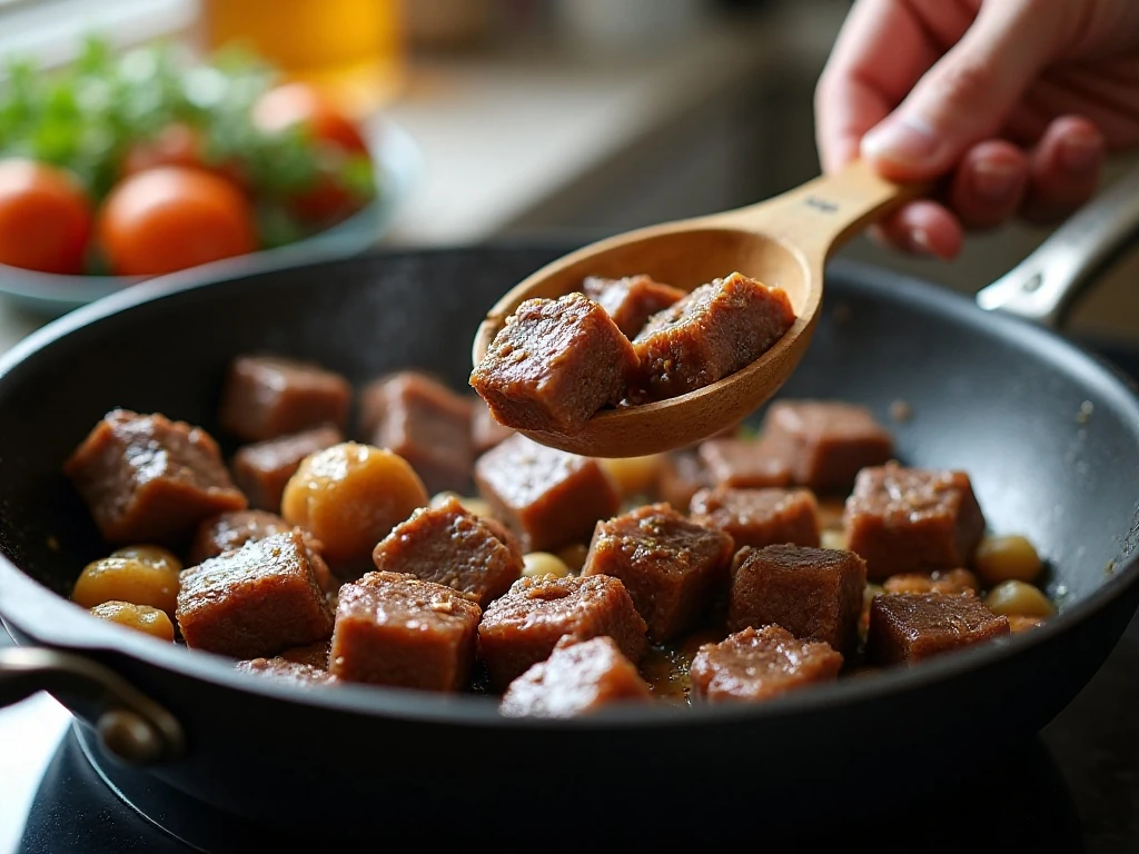 Beef browning before it is added to crockpot vegetable soup