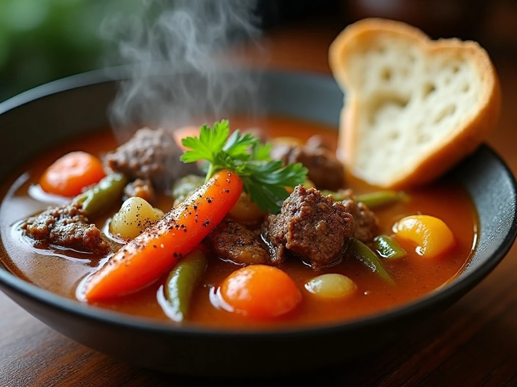 Close-up of vegetable beef soup with parsley and crusty bread
