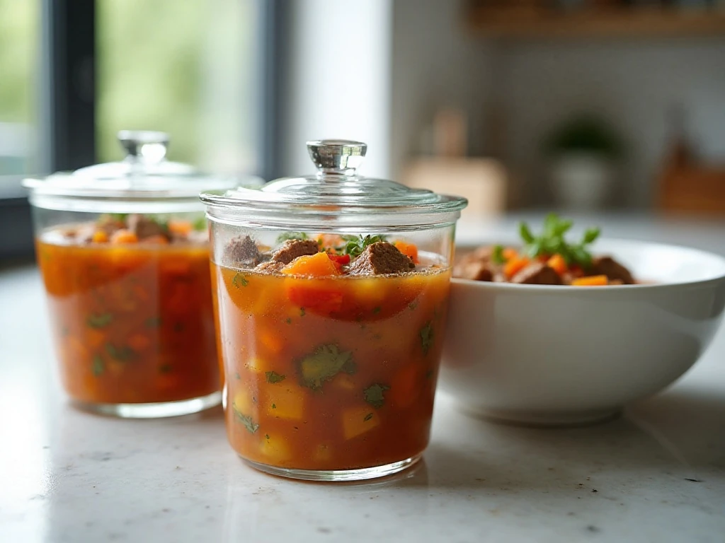 Vegetable beef soup stored for easy reheating