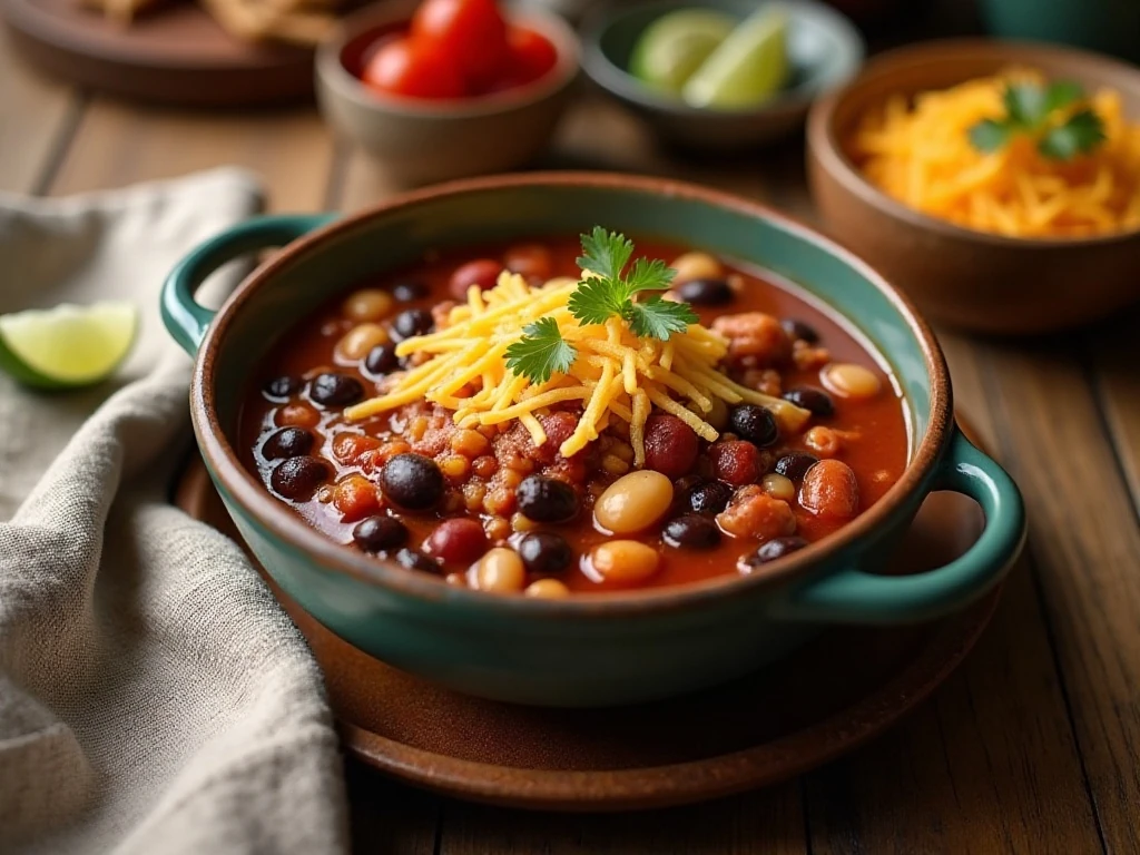 Heartwarming three-bean turkey chili served as a cozy dinner