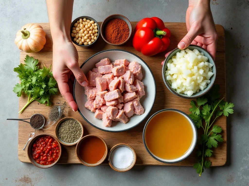 Ingredients for three-bean turkey chili arranged for cooking