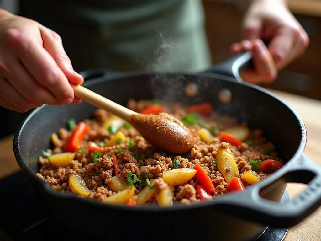 Ground turkey and vegetables cooking with chili spices in a Dutch oven