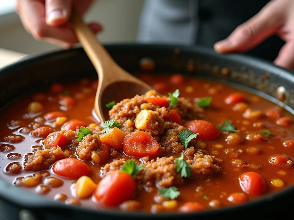 Tomato and turkey chili base simmering in a heavy pot