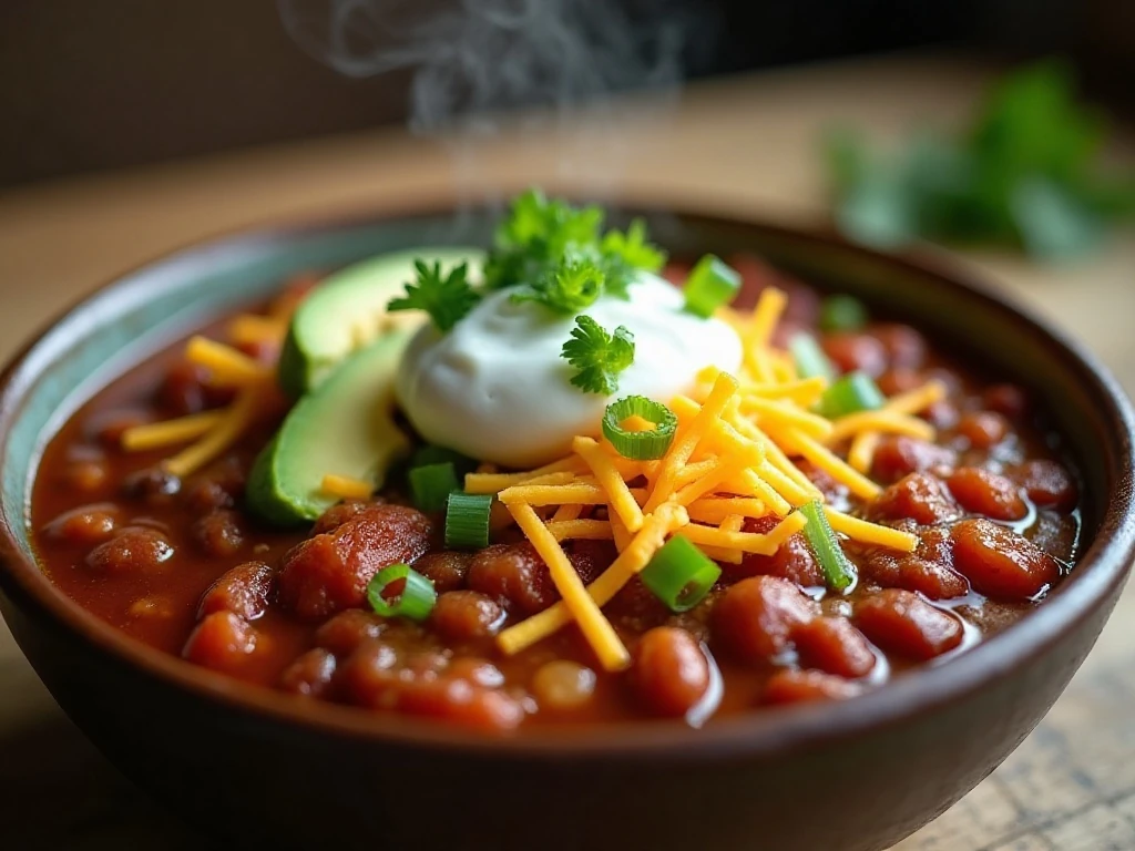 Three-bean turkey chili with cheese, avocado, cilantro, and lime toppings