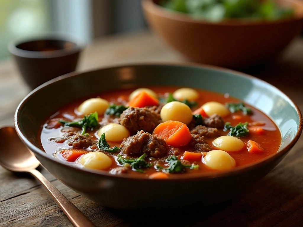 Hearty beef and gnocchi soup served for a cozy dinner