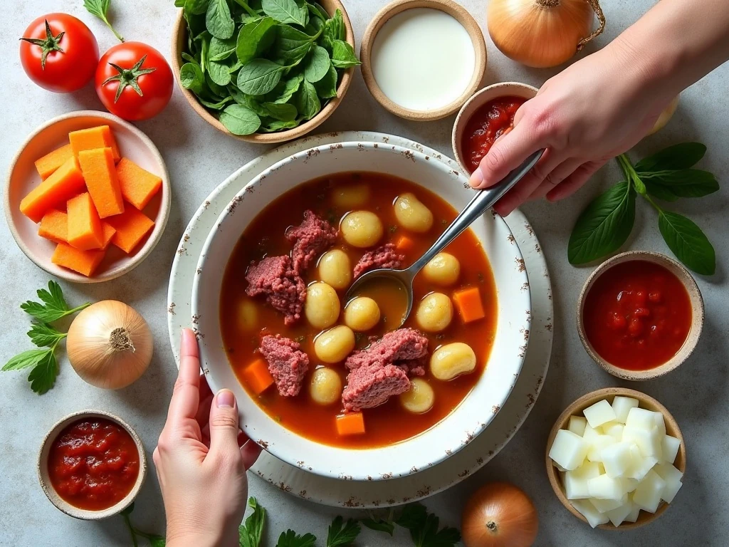Ingredients for homemade beef and gnocchi soup