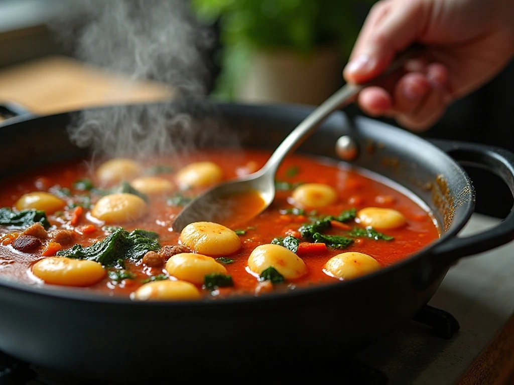 Gnocchi and spinach being added to beef soup