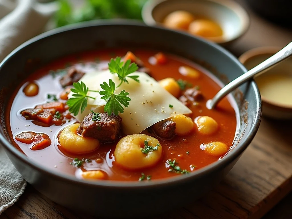 Leftover beef and gnocchi soup reheated with Parmesan