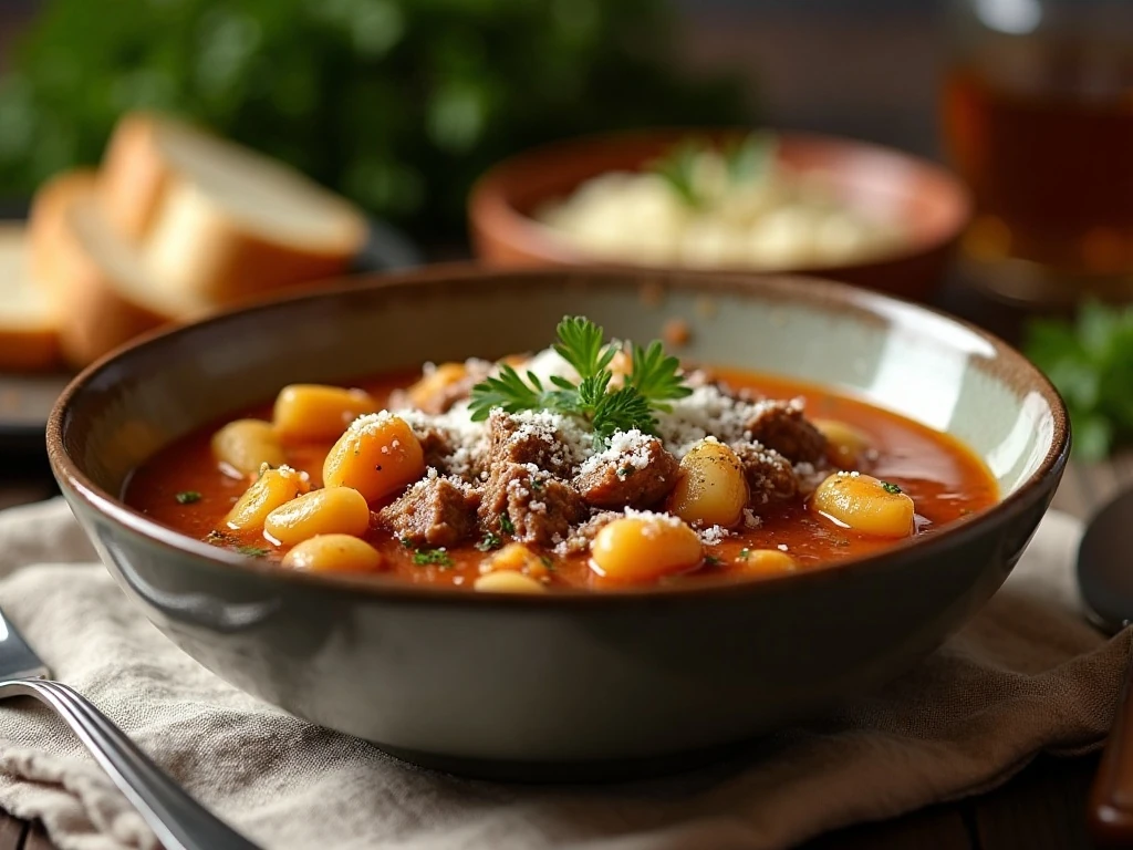 Beef and gnocchi soup with Parmesan, parsley, and crusty bread