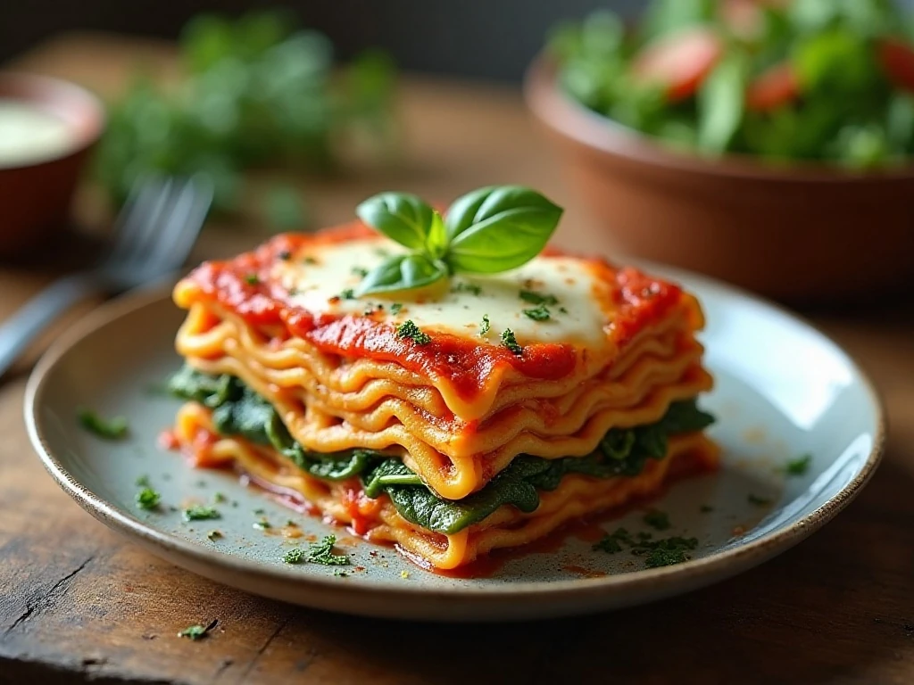 Slice of hearty cheesy vegetable lasagna served on a plate