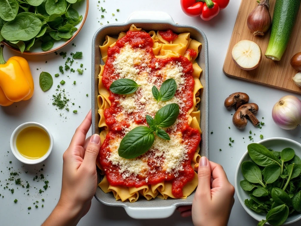 Ingredients for hearty and cheesy vegetable lasagna
