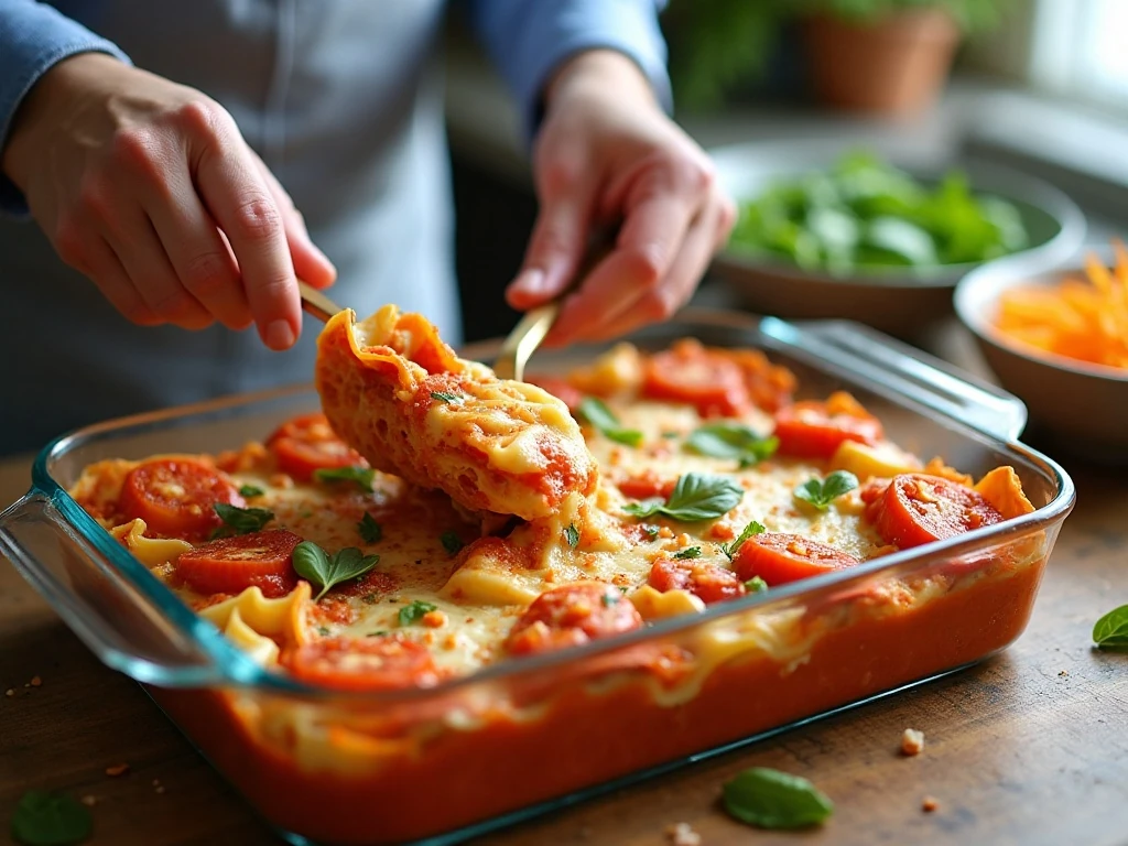Layering noodles, vegetables, sauce, and cheese for lasagna