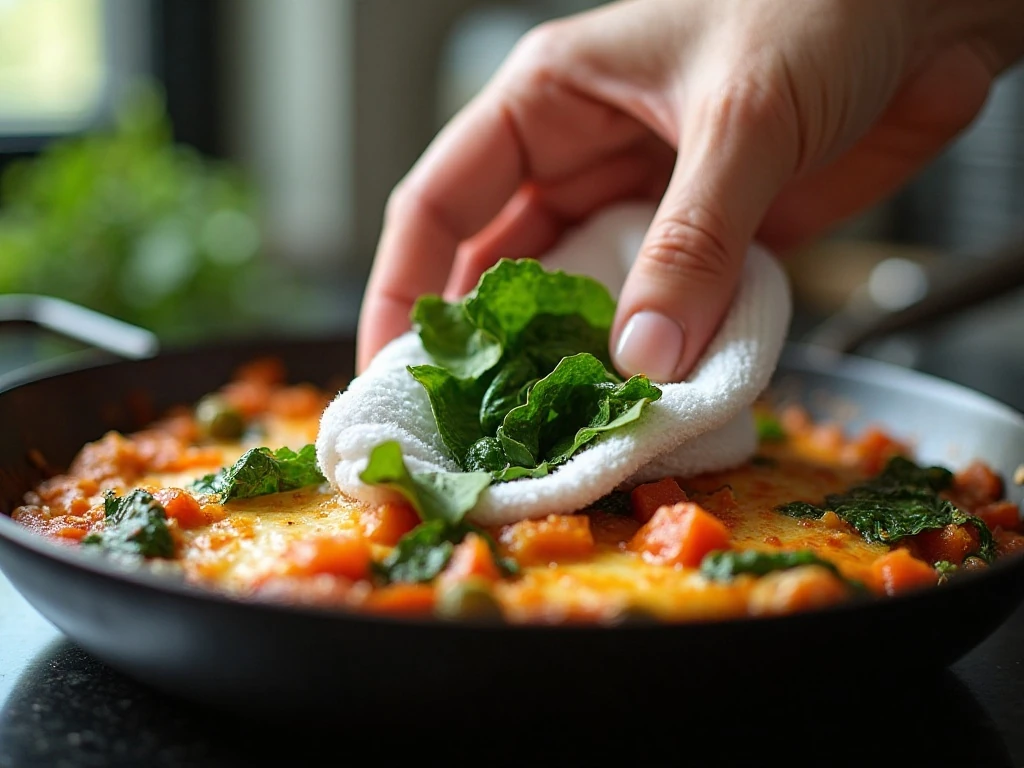 Preparing dry vegetables and spinach for vegetable lasagna