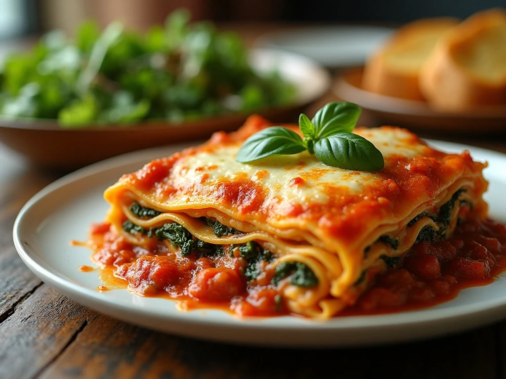 Vegetable lasagna served with salad and garlic bread