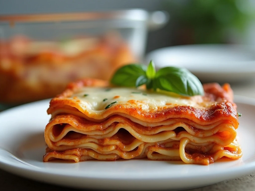 Stored and reheated vegetable lasagna portion