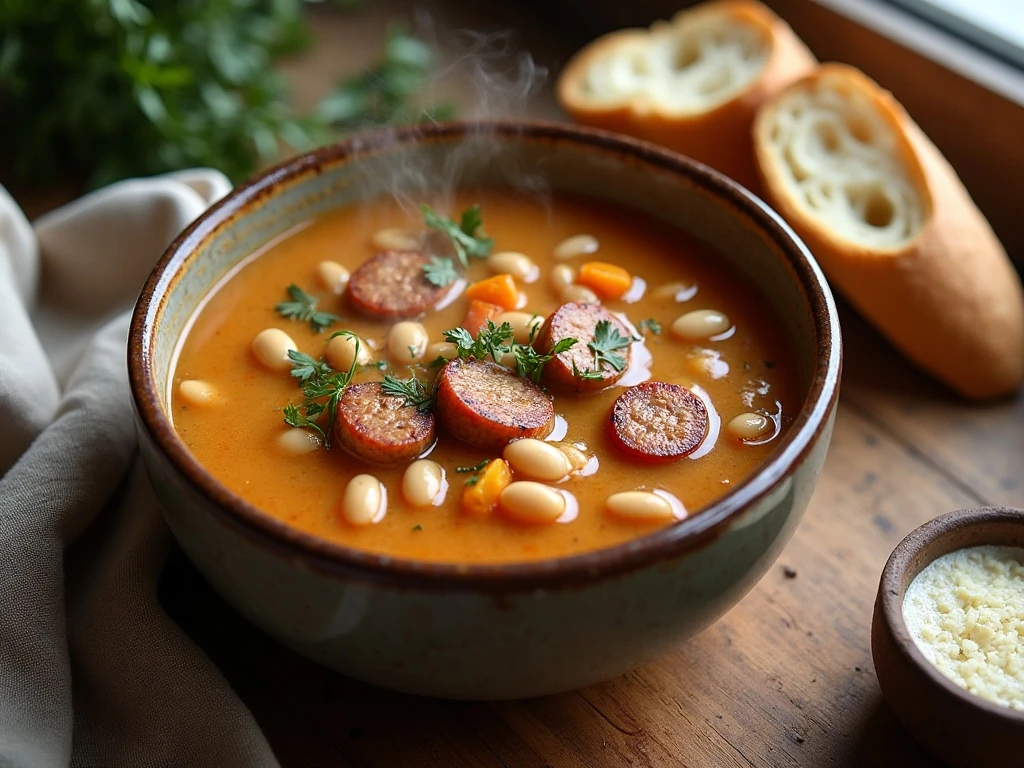Bowl of hearty chicken sausage and bean soup served with crusty bread