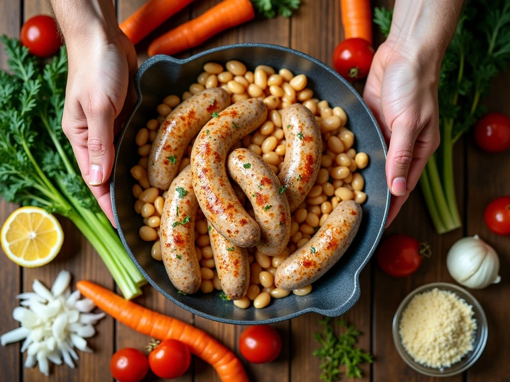 Ingredients for chicken sausage and bean soup arranged for cooking