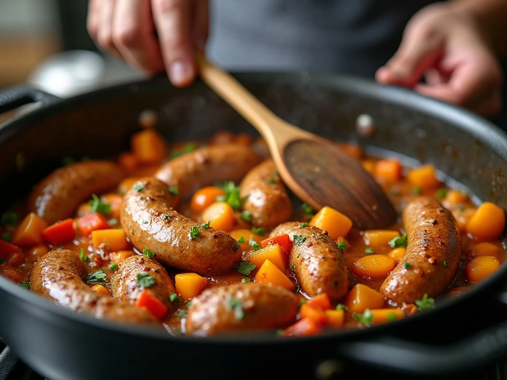Chicken sausage and vegetables cooking in a Dutch oven