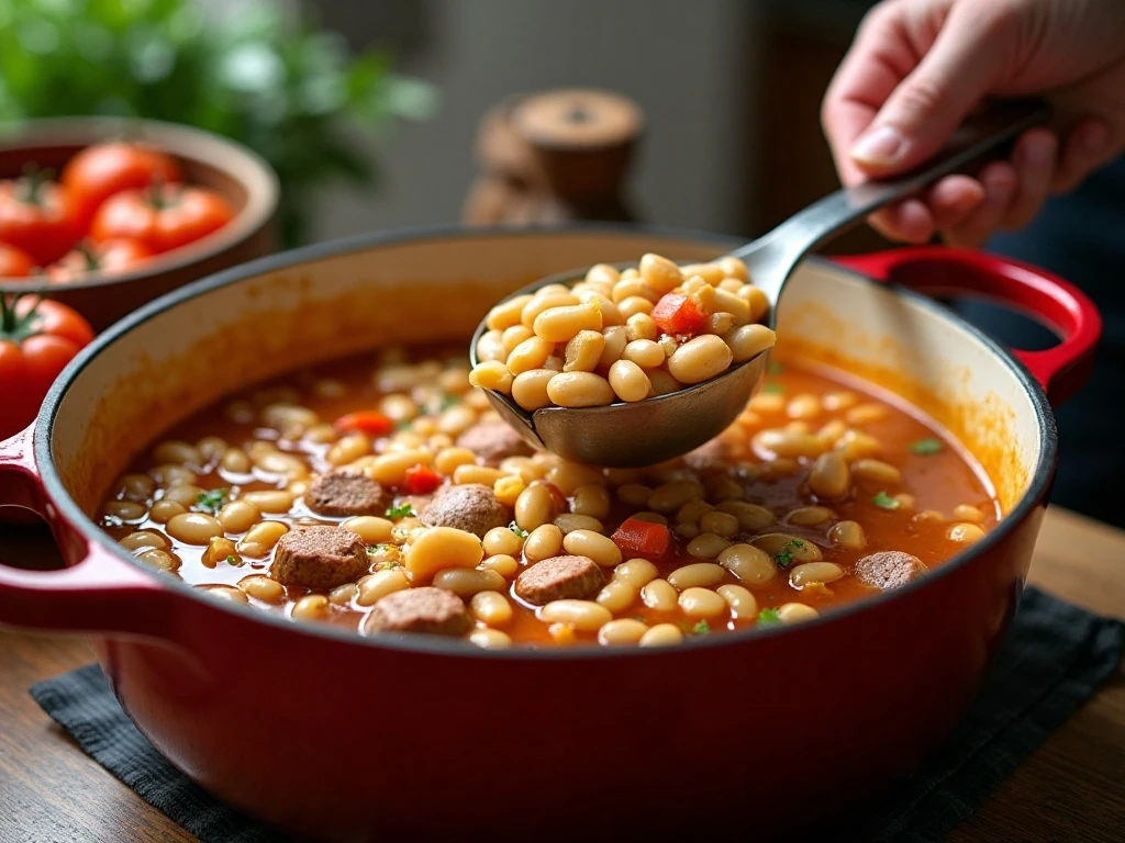 Mashing beans to create a thicker chicken sausage soup broth