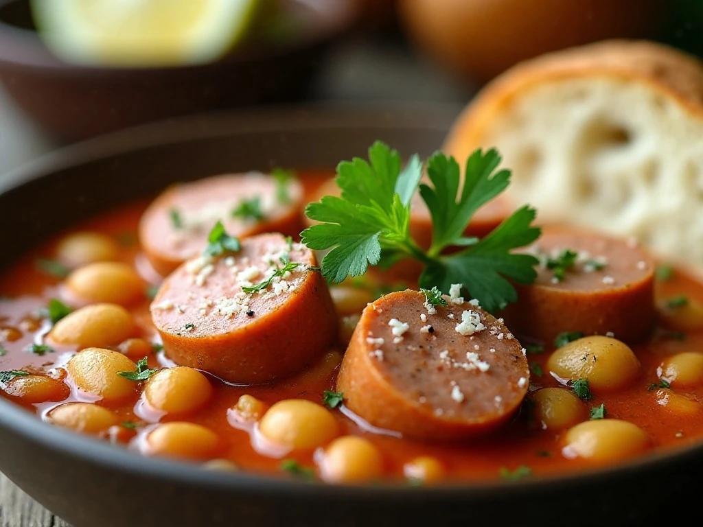 Chicken sausage and bean soup finished with parsley and Parmesan