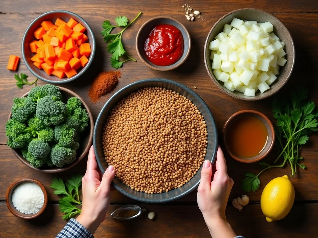 Ingredients arranged for hearty lentil stew