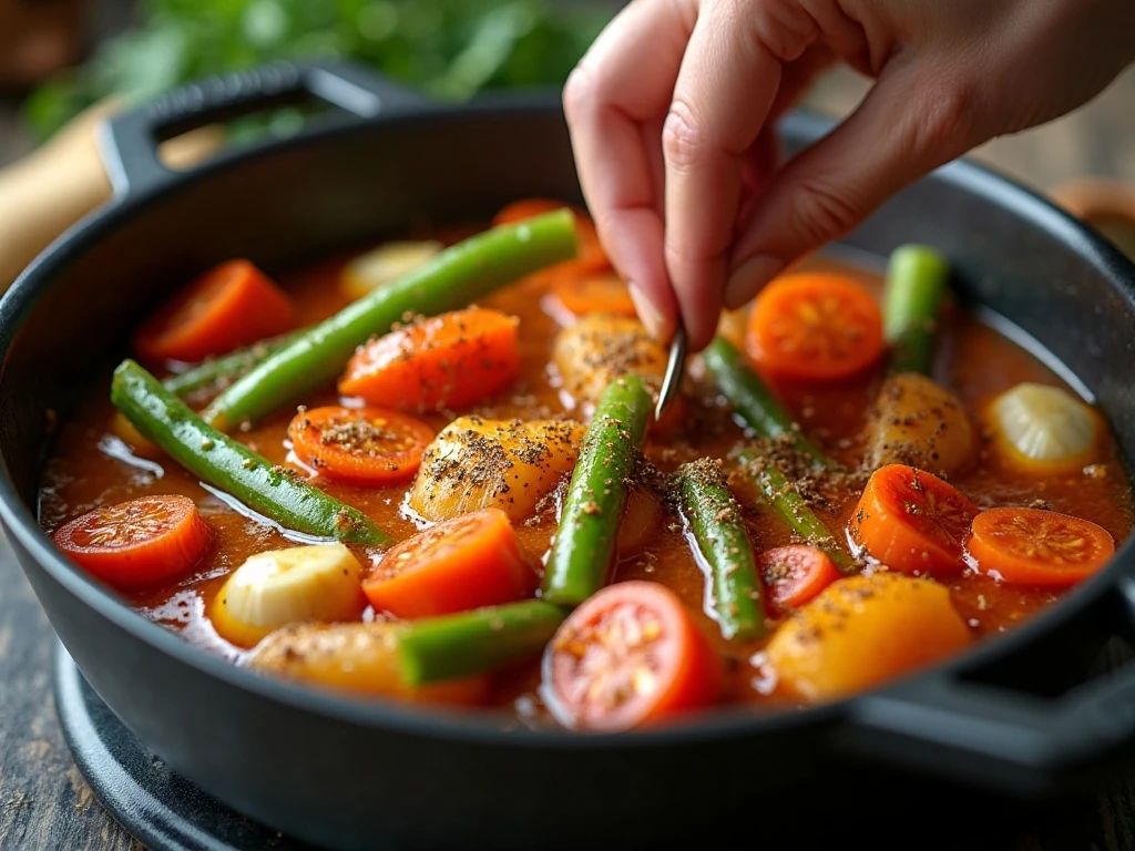 Vegetables and spices cooking in a Dutch oven for lentil stew