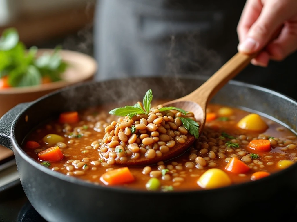 Thick lentil stew being stirred as it simmers