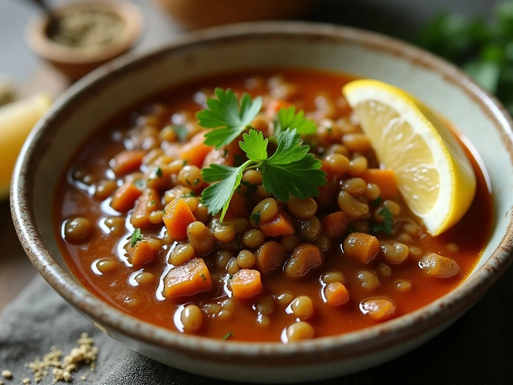 Reheated lentil stew finished with parsley and lemon