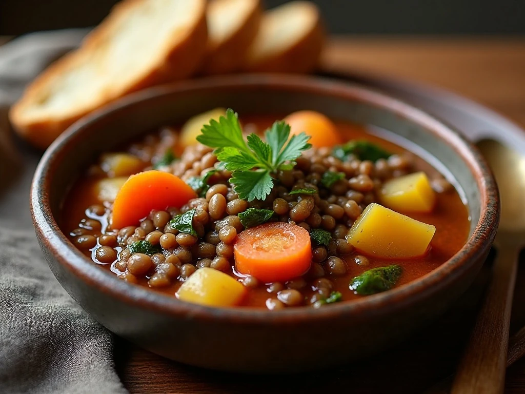 Bowl of hearty lentil stew with vegetables and parsley