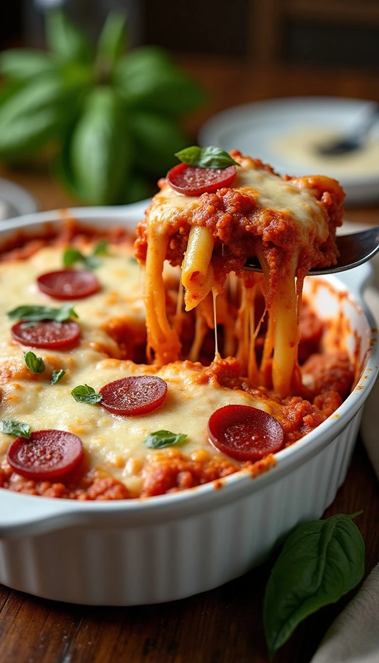 Hearty Pizza Casserole Recipe with Pepperoni, Beef, and Mozzarella