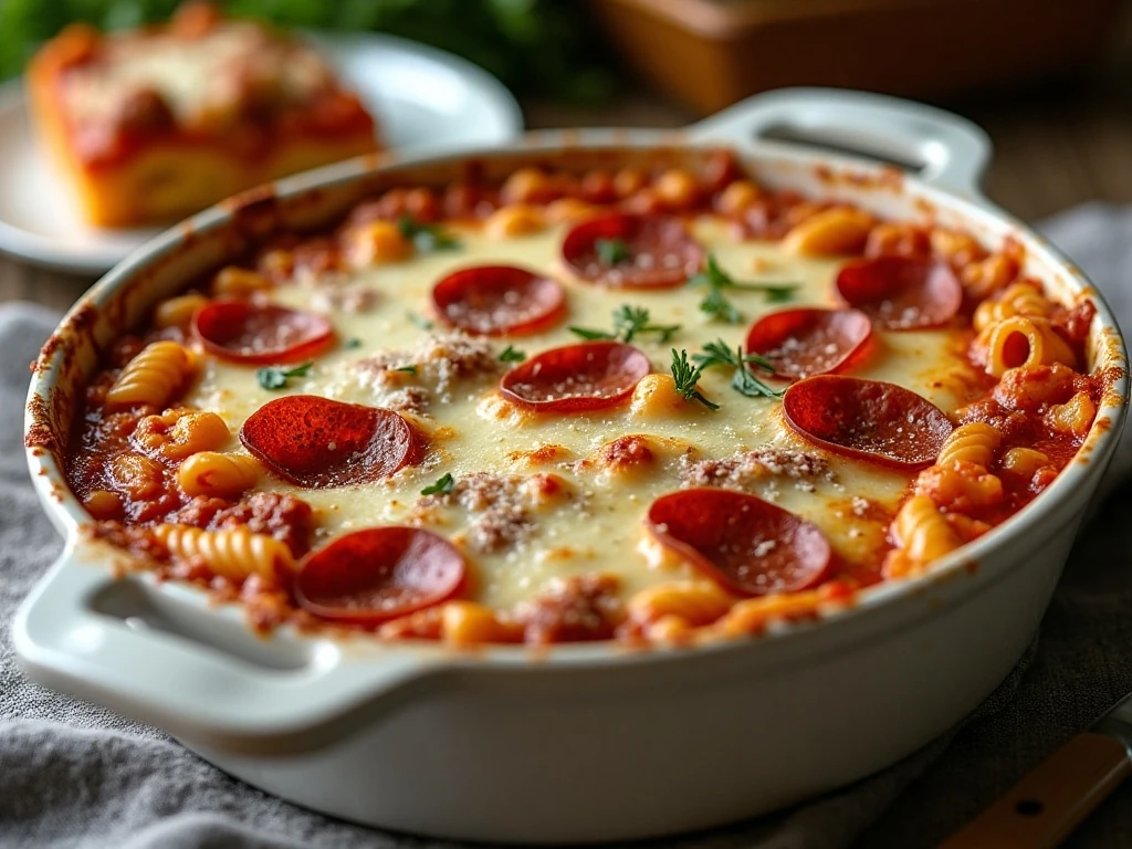 Hearty pizza casserole with pasta, pepperoni, ground meat, and melted mozzarella