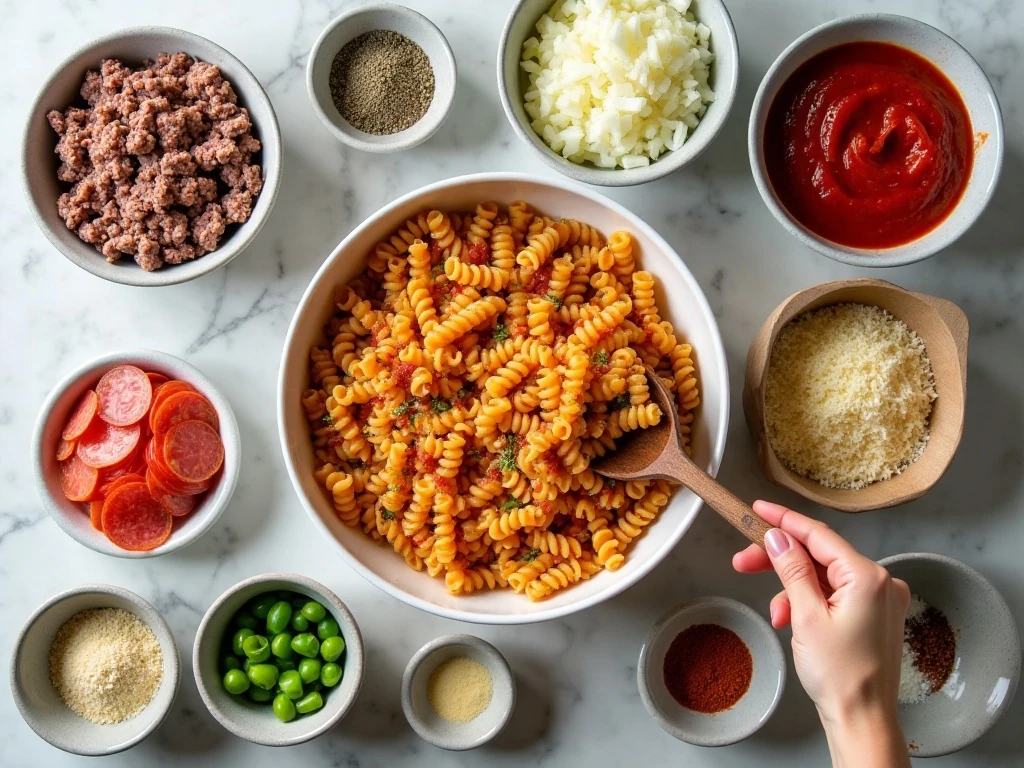 Ingredients for hearty pizza casserole arranged for cooking