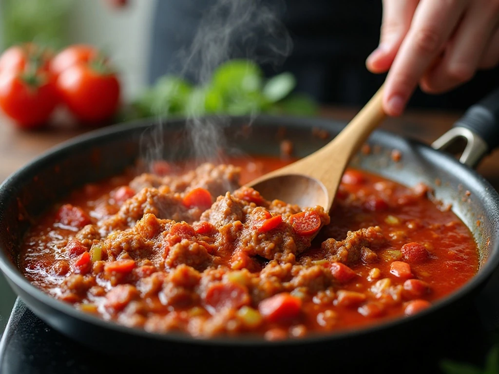 Meat and pizza sauce mixture cooking for hearty casserole