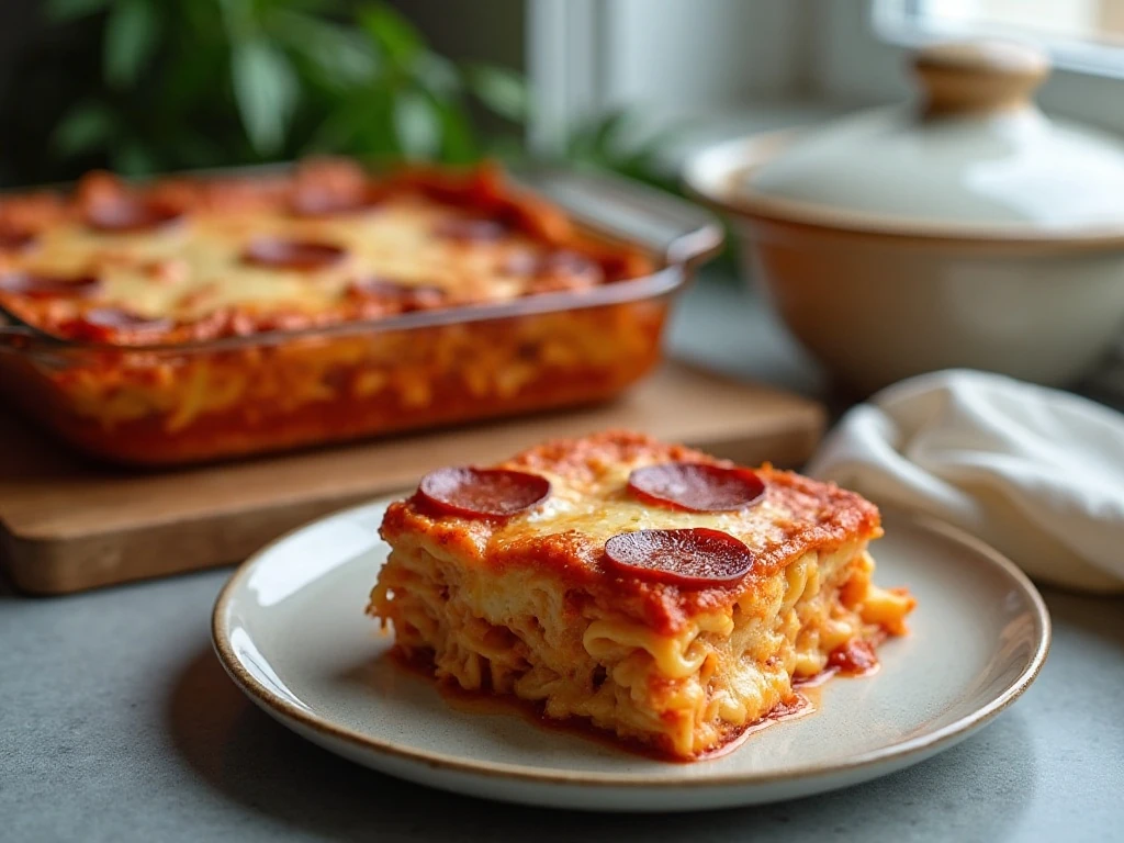 Serving of leftover pizza casserole ready to reheat and enjoy