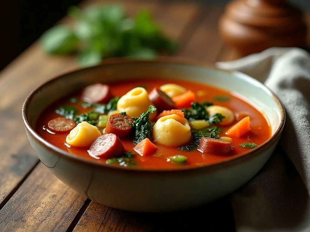 Hearty tortellini soup with sausage, vegetables, spinach, and cheese tortellini