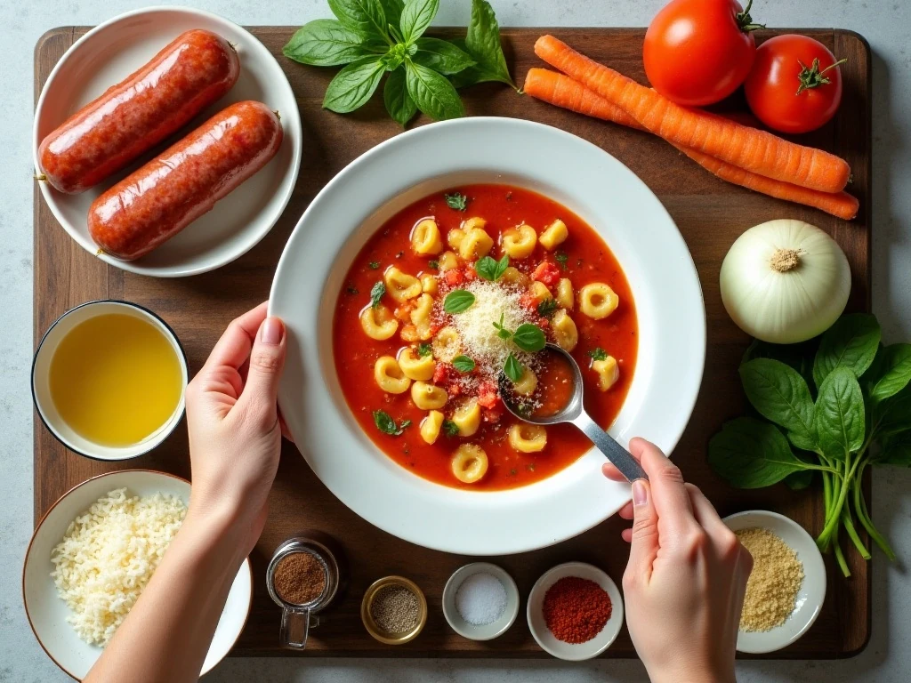 Ingredients for sausage tortellini soup arranged on a kitchen counter