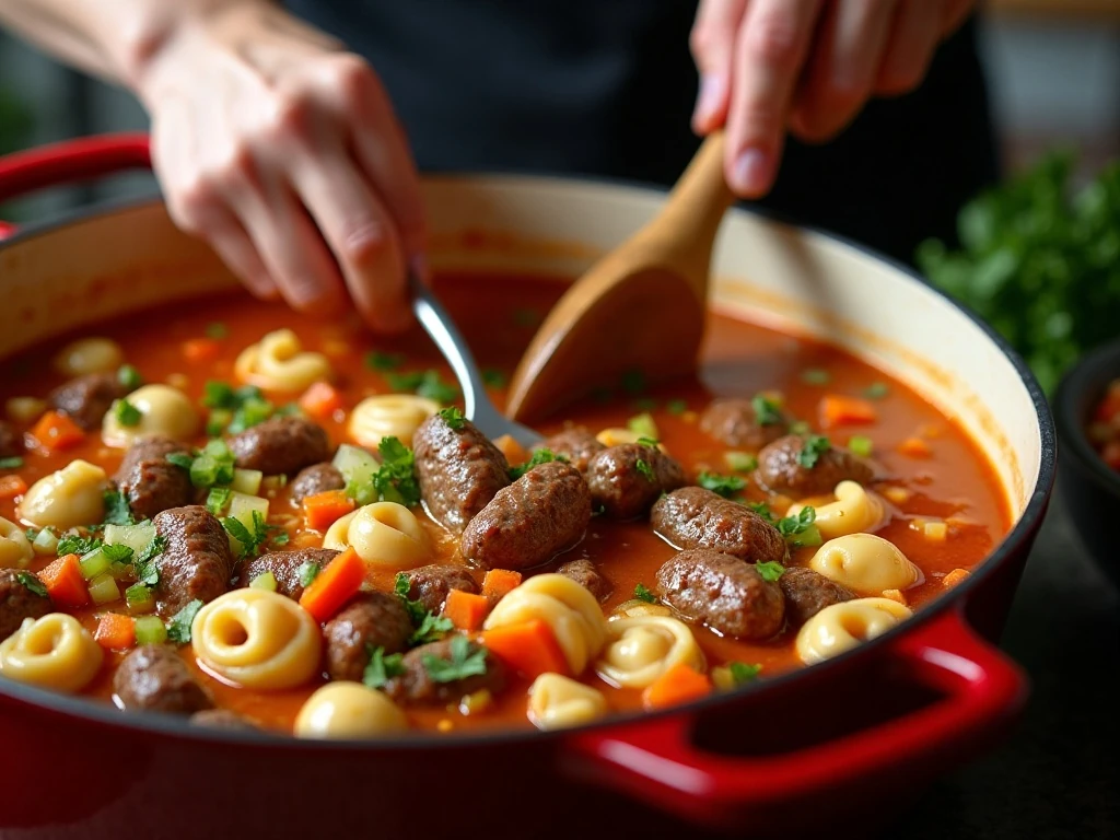 Sausage and vegetables cooking in a Dutch oven for tortellini soup