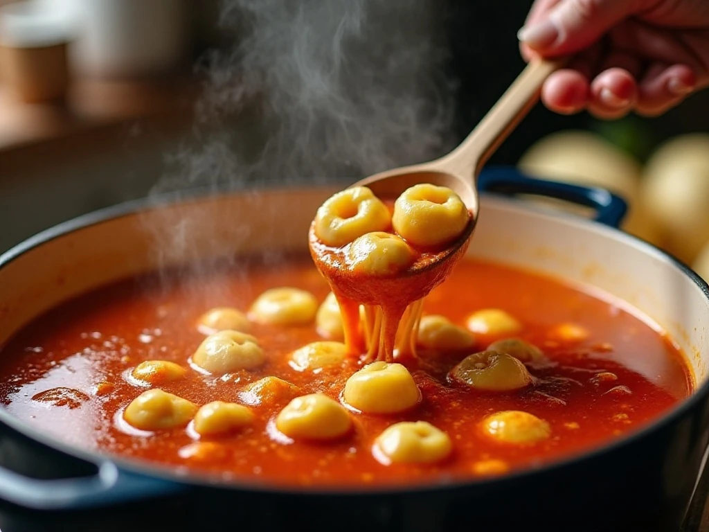 Cheese tortellini added near the end of cooking in tomato soup