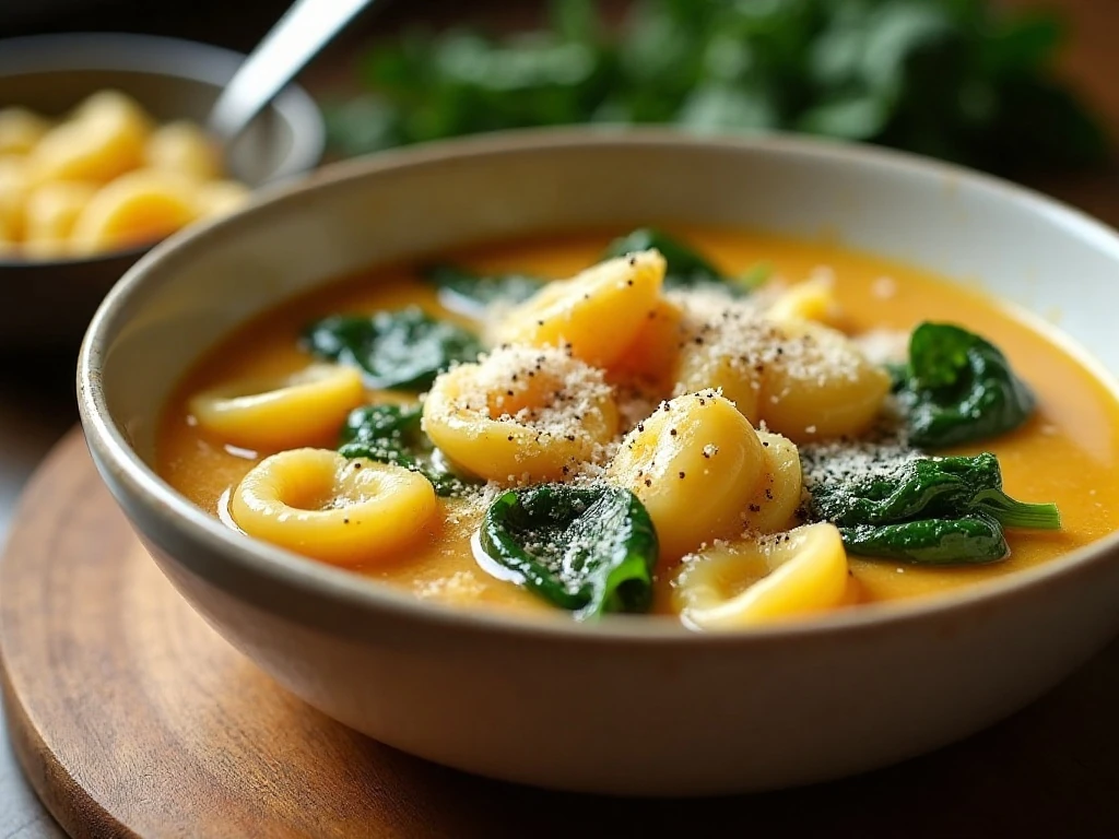 Reheated tortellini soup topped with Parmesan and black pepper
