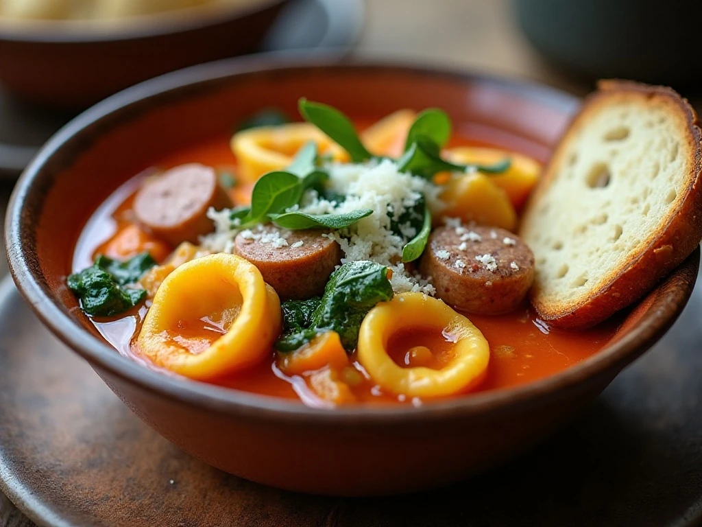 Bowl of comforting homemade tortellini soup served with crusty bread