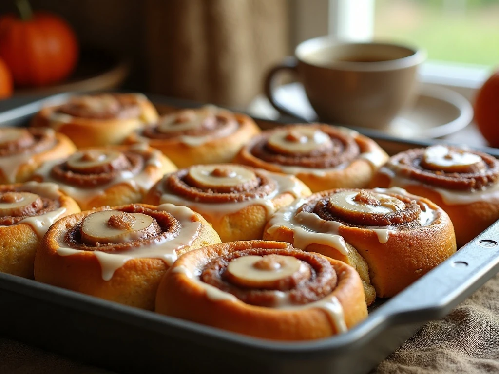 Pan of pumpkin and spiced apple cinnabons covered with cream-cheese icing