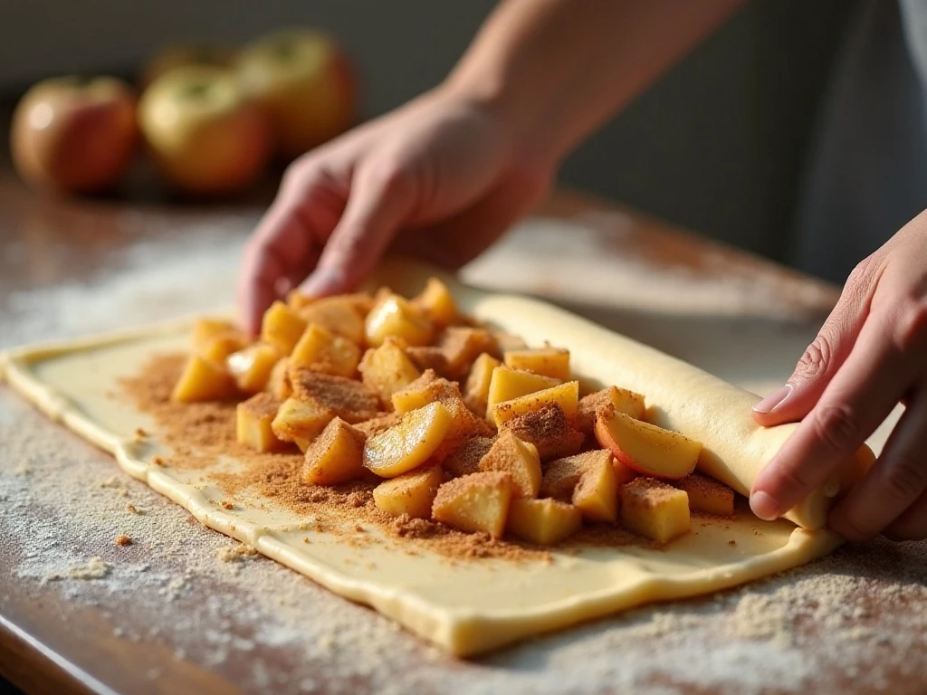 Pumpkin dough spread with cinnamon sugar and spiced apples before shaping