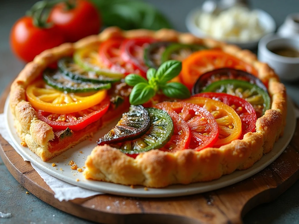 Colorful heirloom tomato ricotta tart with golden puff pastry and basil