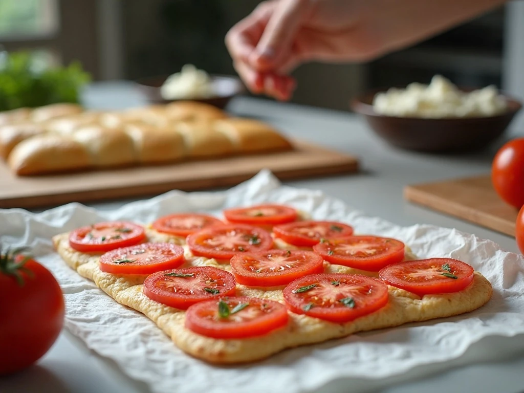 Draining heirloom tomato slices before assembling a savory tart