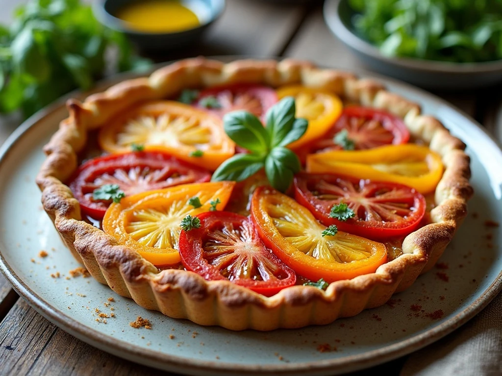 Heirloom tomato tart served as a summer brunch centerpiece